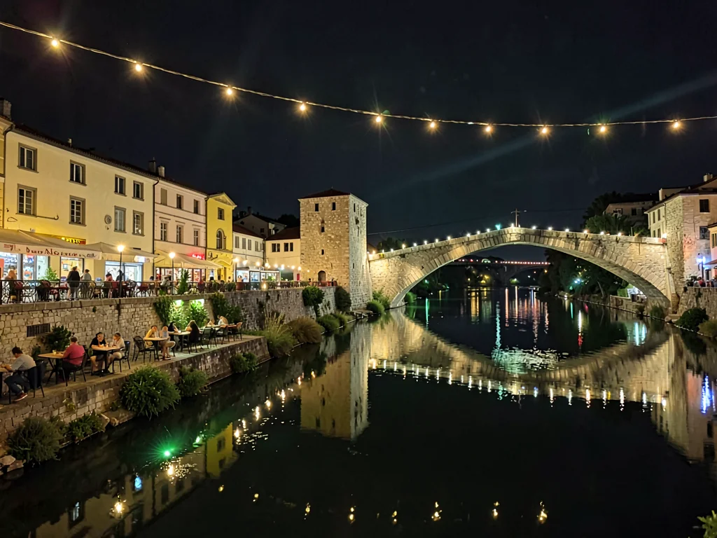 Riverside dining at night