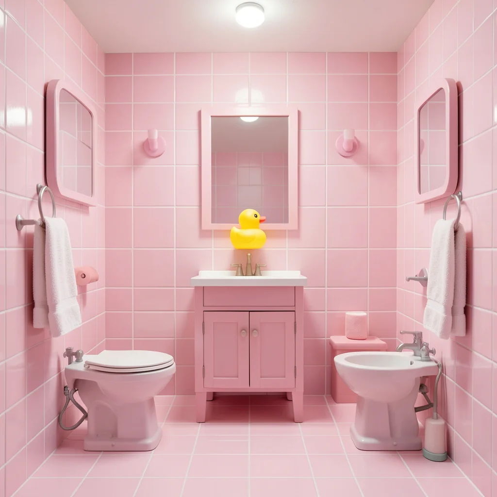Bathroom in all-pink: tiles, fixtures, towels, single yellow rubber duck for con
