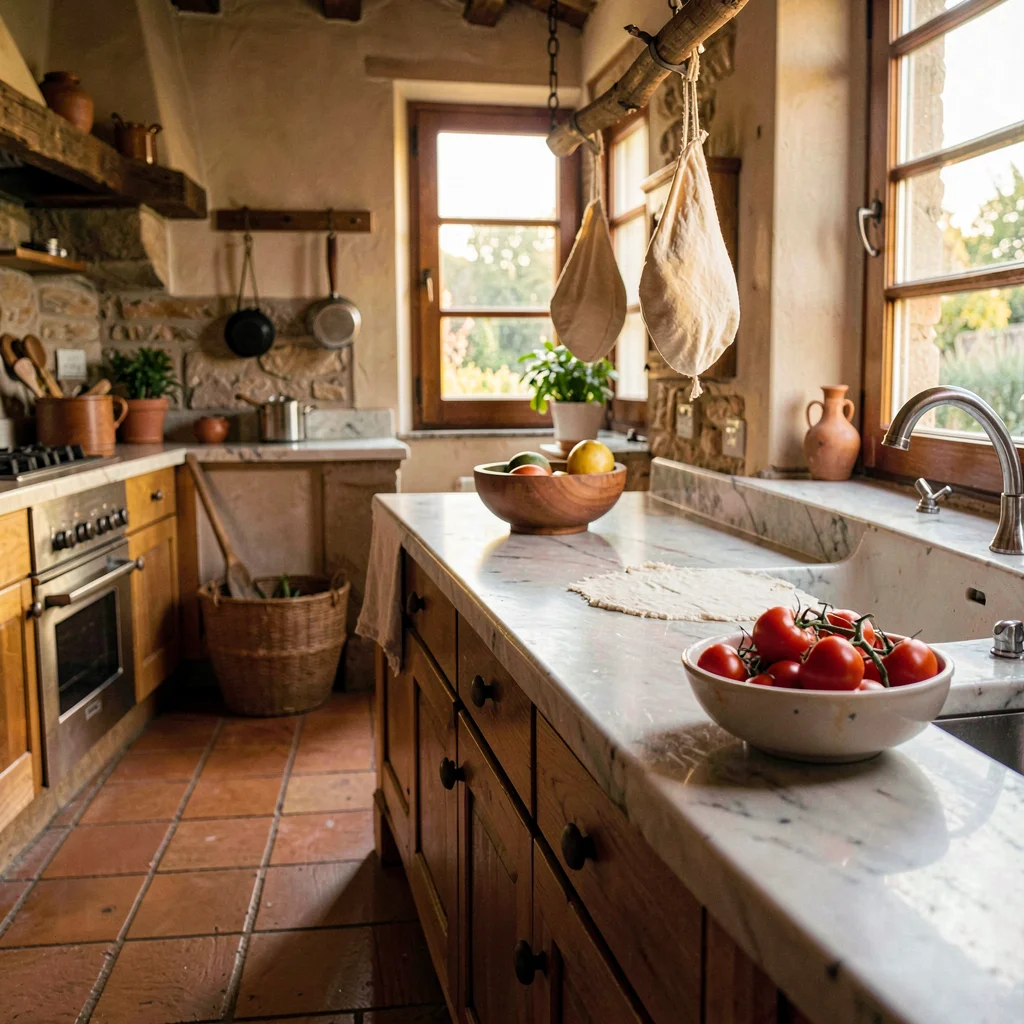 a Tuscan farmhouse kitchen at golden hour, terracotta floor warmed to amber, a l