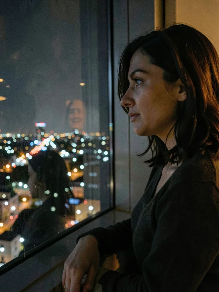 A woman looking out window at night, her reflection overlaid with city lights