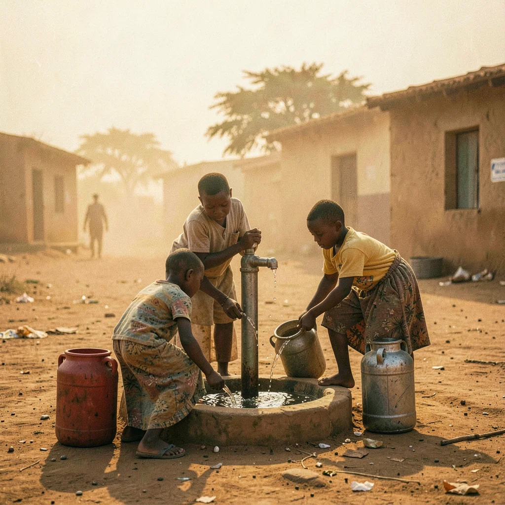 Golden Harmattan dust haze in Bamako, Mali, Children collecting water at communa