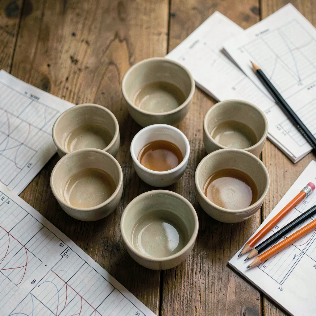 Overhead still life of a cupping flight with five small bowls in a circle, score