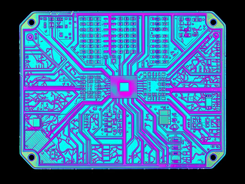 Logic block routing channels, chaotic metal interconnect traces in false-color c