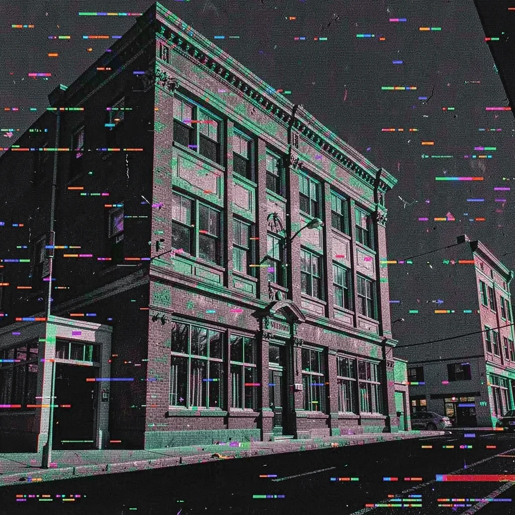 Glitch art illustration, building facade with scan lines , digital corruption ar