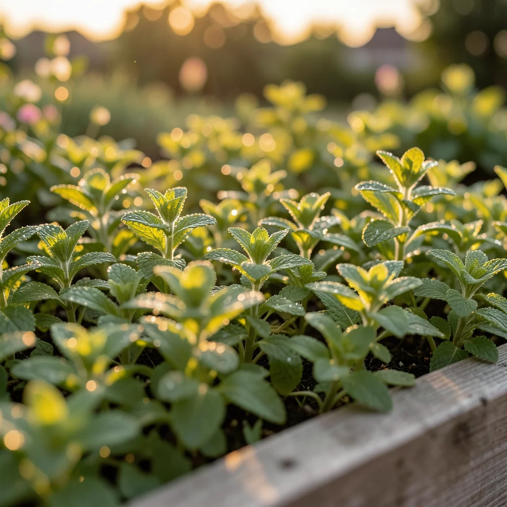 Mint spreading across a raised bed, the serrated leaf edges lit from behind like