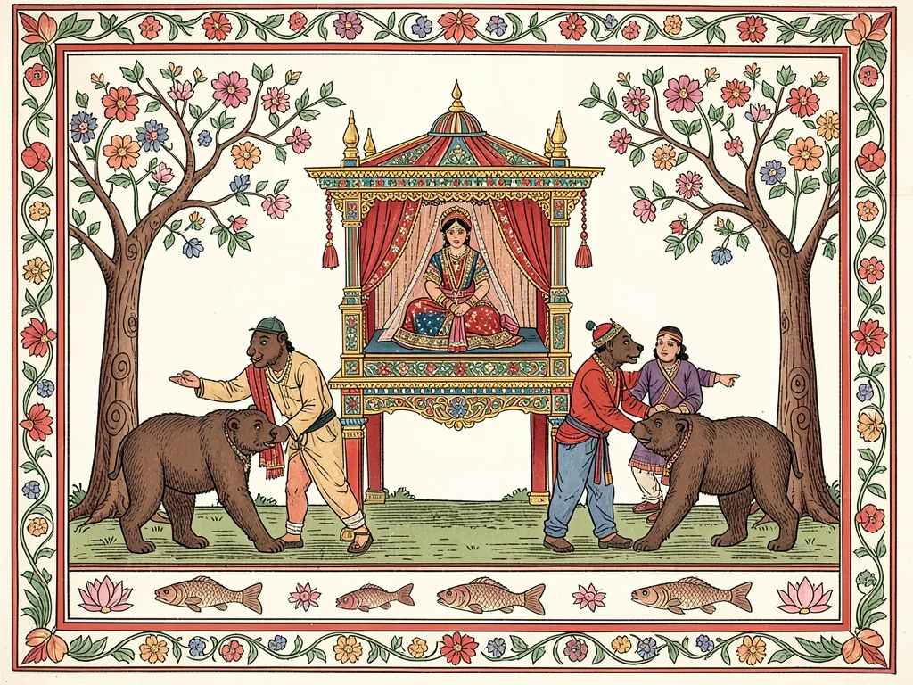Wedding palanquin carried by four bearers, bride inside, flowering trees on eith