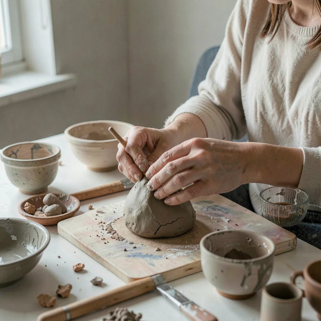 Soft natural light photograph, Art therapy session, hands working with clay, the