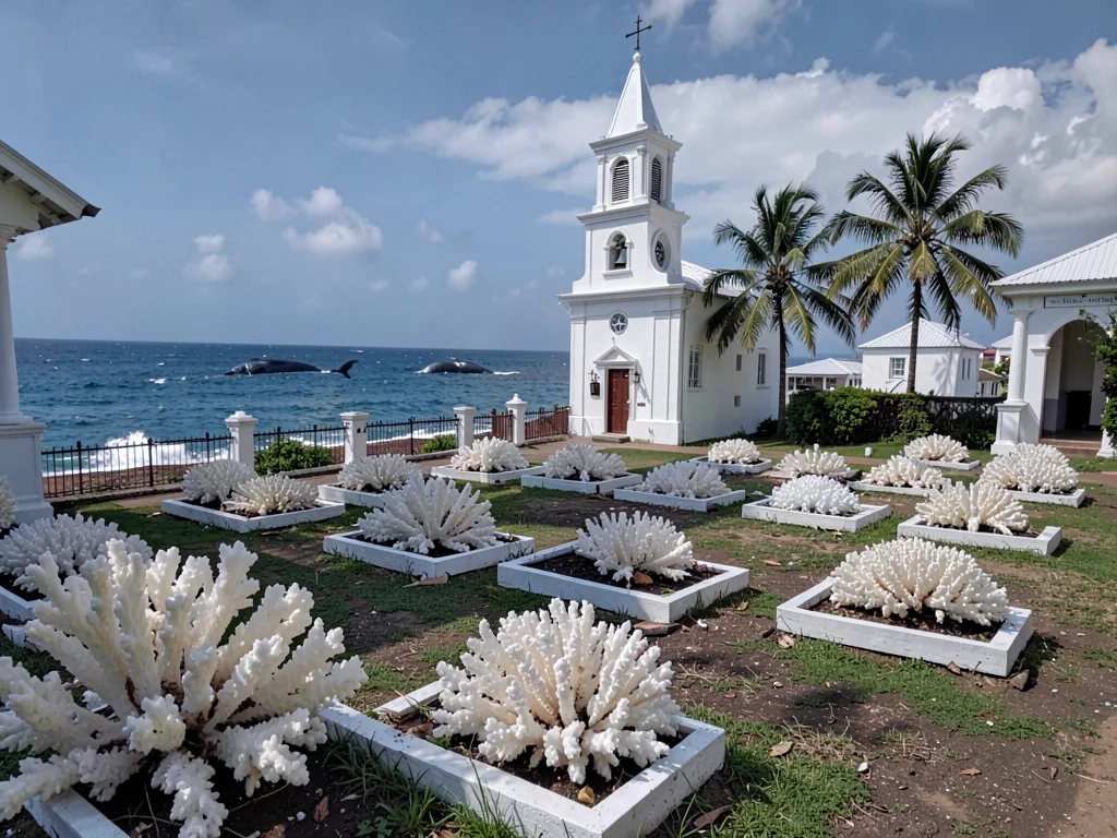 Sunday stillness in Nuku'alofa, Tonga, White coral graves in a church cemetery f