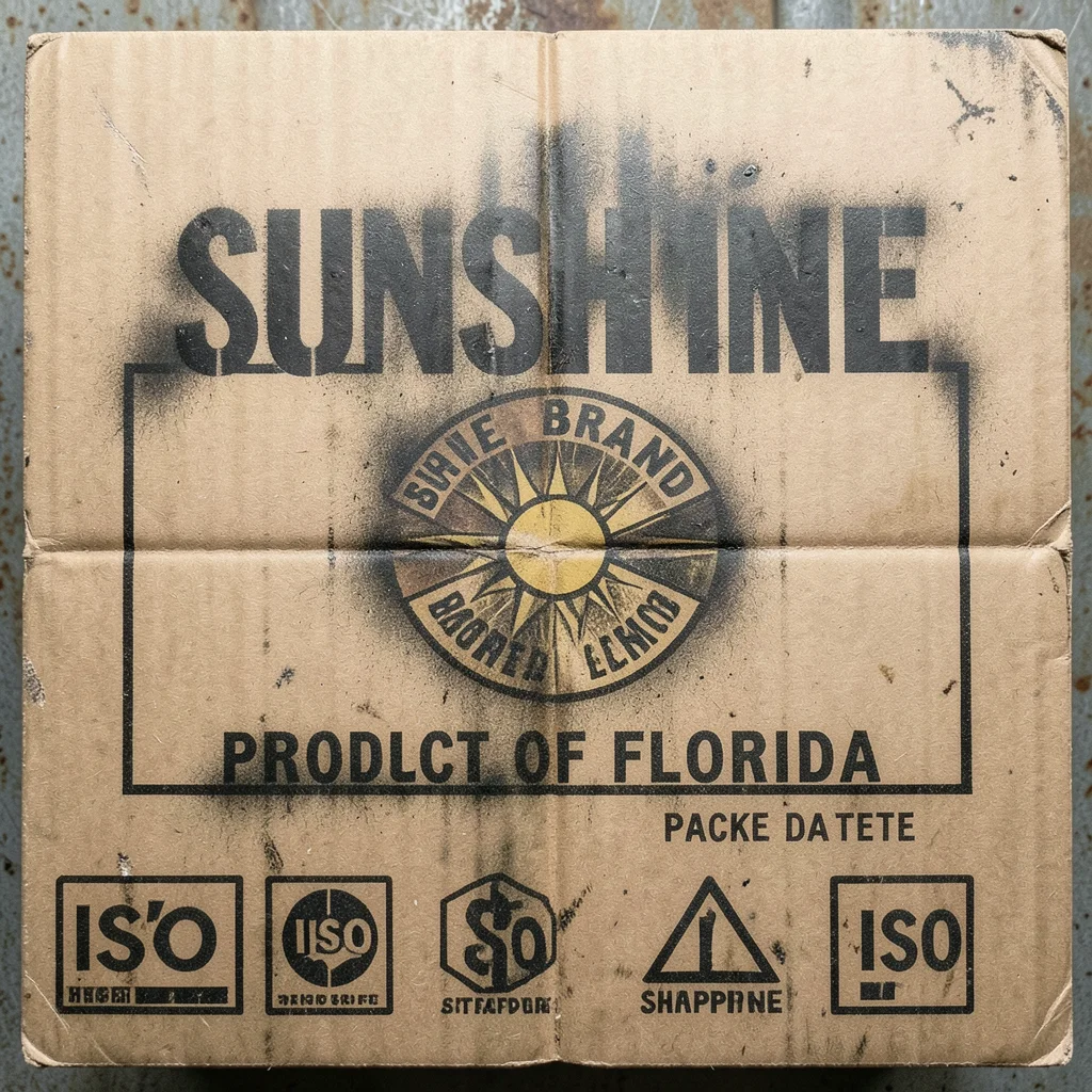 A fruit crate end panel stamped with a vintage citrus label design — SUNSHINE BR