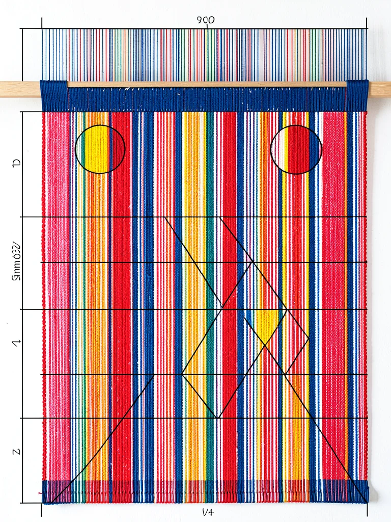 Woven textile on loom, warp threads forming strict vertical grid in three primar