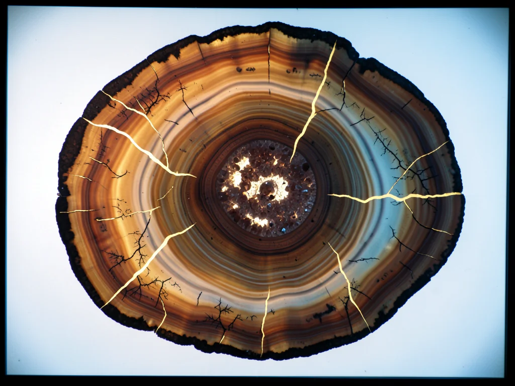 Septarian nodule cross-section, calcite-filled cracks creating golden lightning 