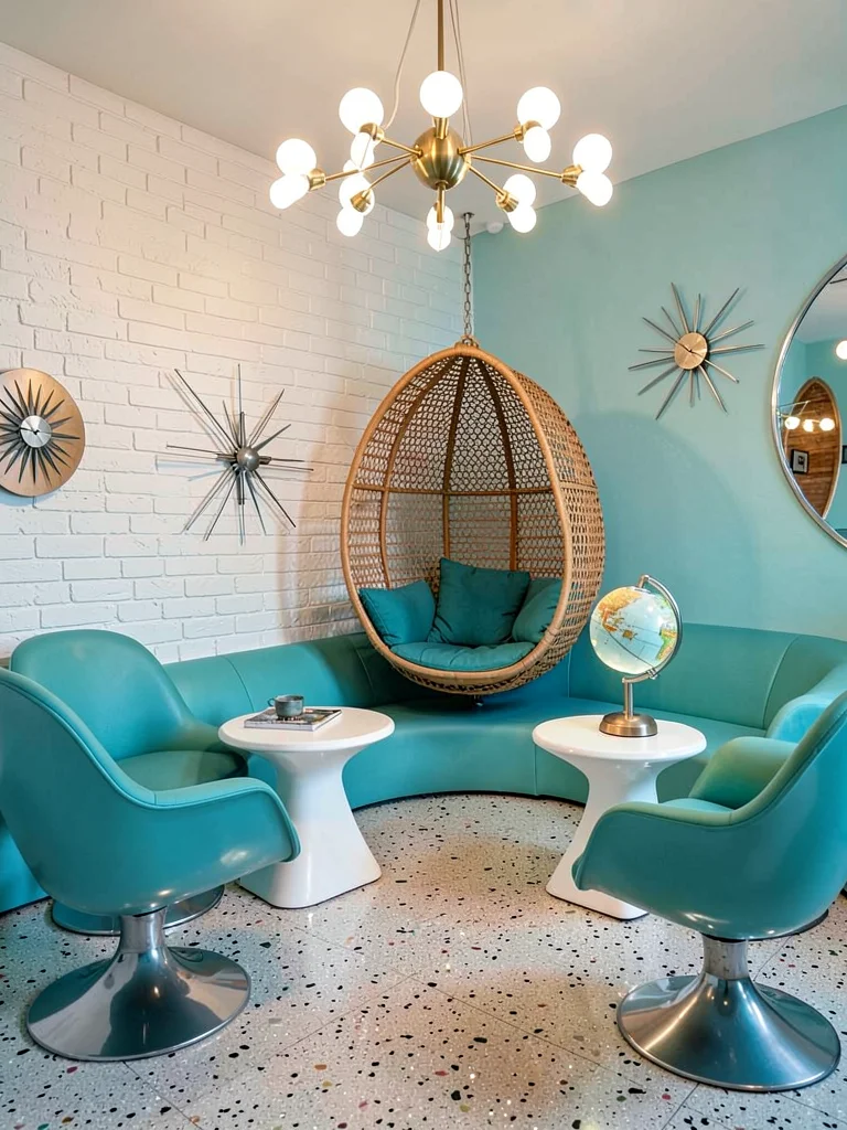 Hanging Egg Chair by White Brick Wall