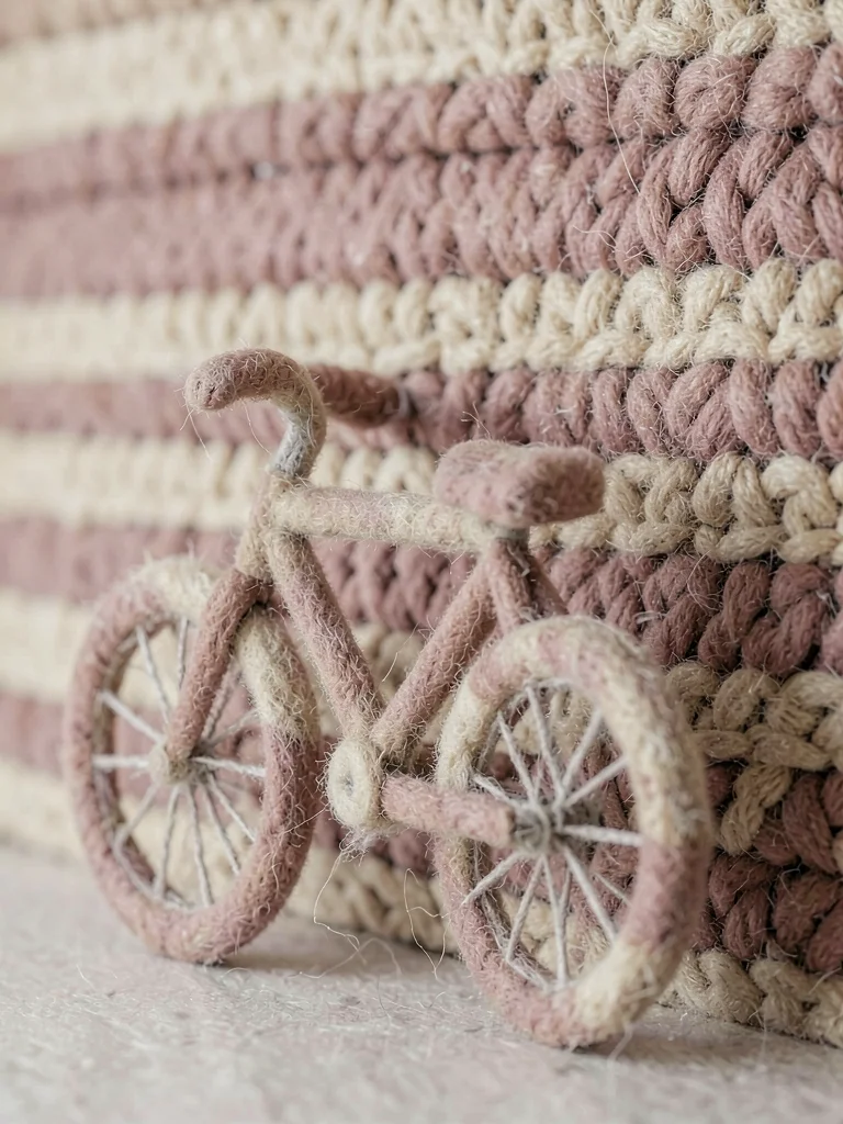 Bicycle in felted wool leaning against a knit wall of horizontal stripes in oatm