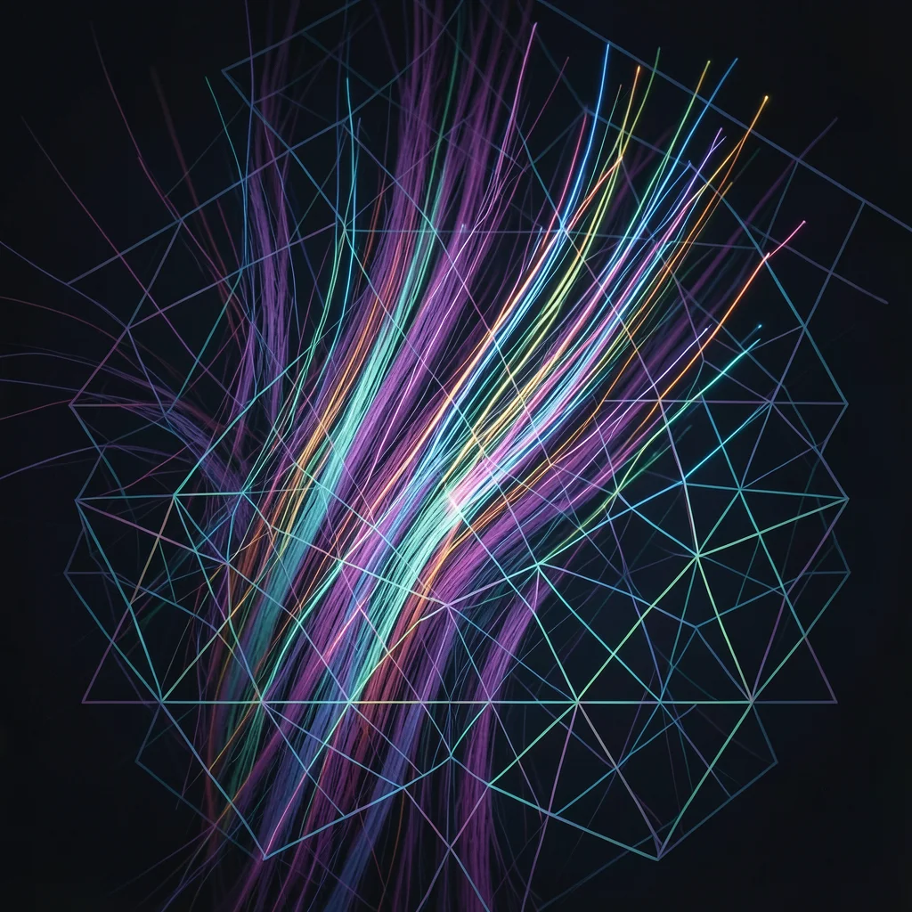Hair strand macro filled with fiber optic light streams, tech meets organic, dou