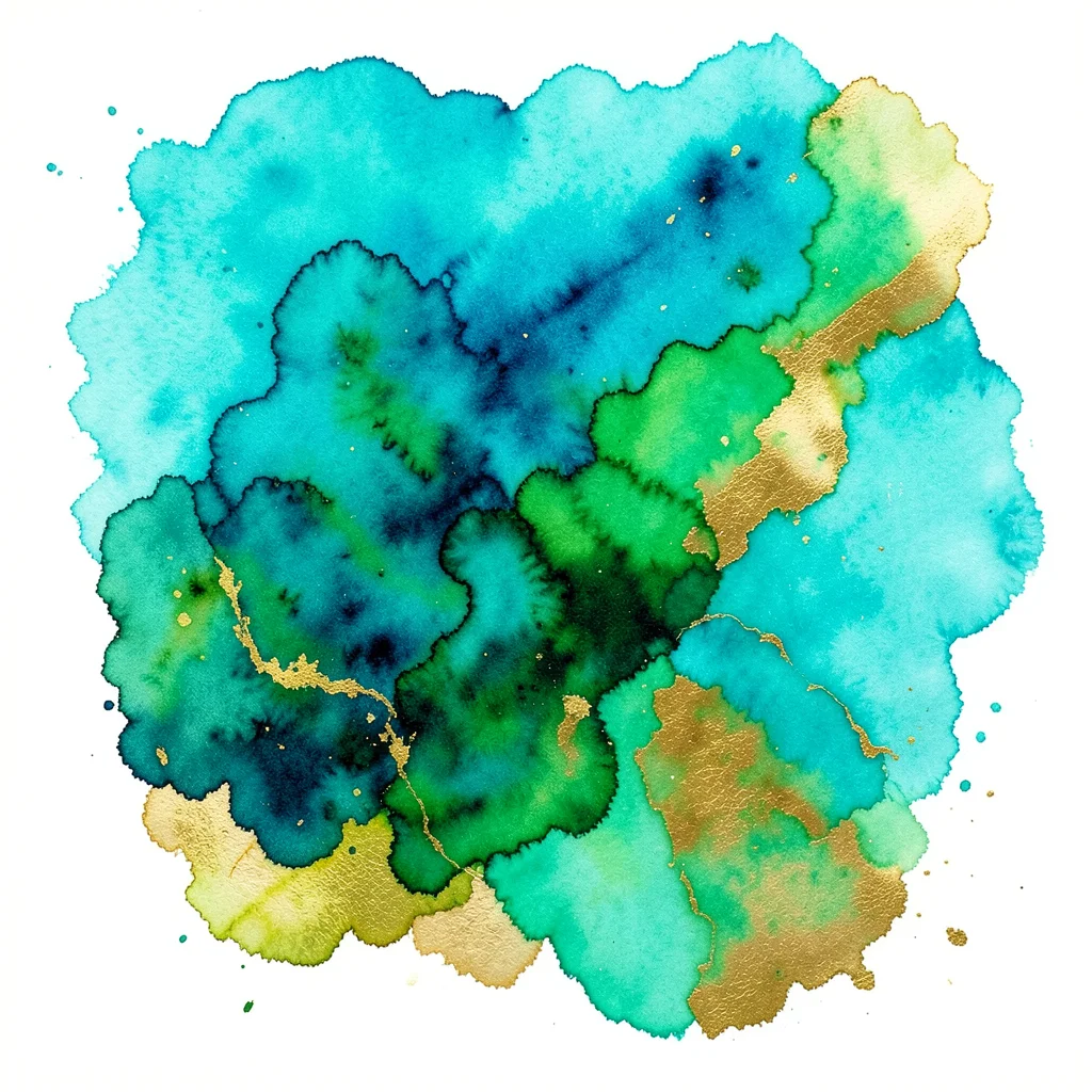 Watercolor wash blending turquoise, emerald green, and gold, organic edge bleed