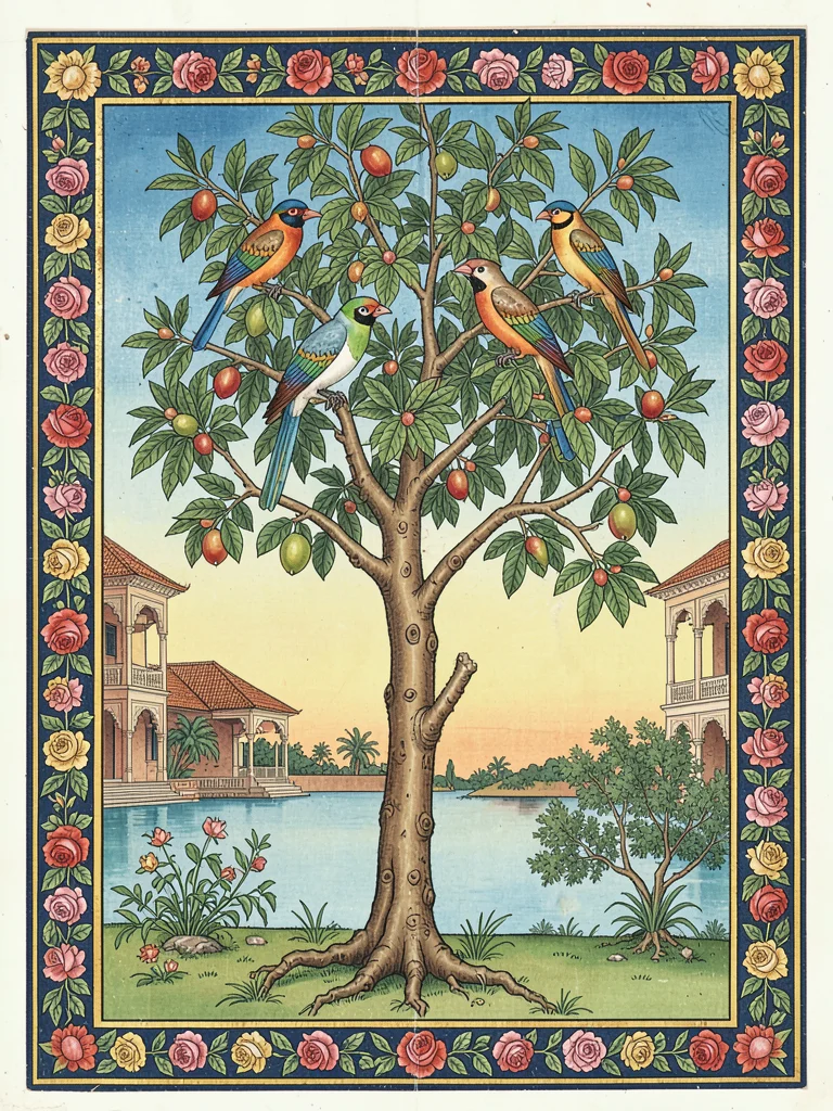 Flowering mango tree with two parrots perched in the upper branches, margin of r
