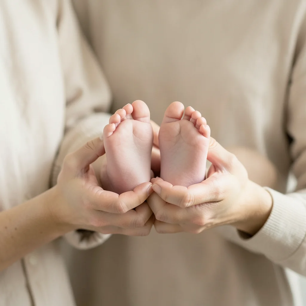 Mother's hands cupping baby's feet, soft focus, warm tones, intimate