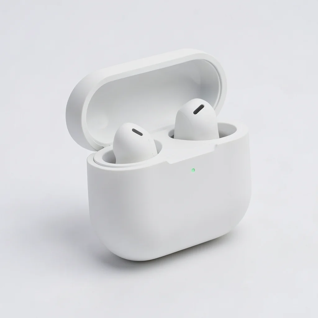 A wireless earbud case in matte white, open to show one bud inside, clean produc