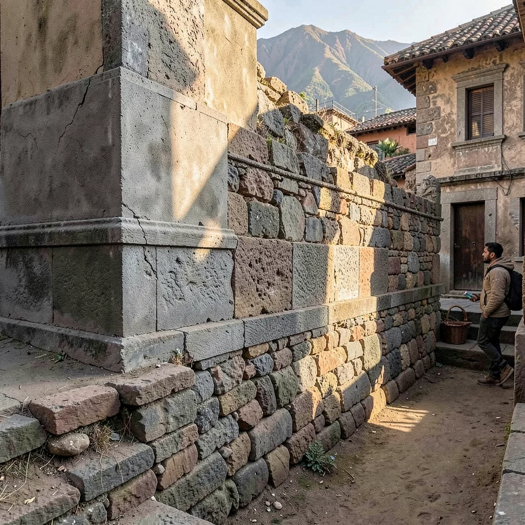 Cusco Inca-colonial interface, stone empire dialogue, Andean light falling on ce
