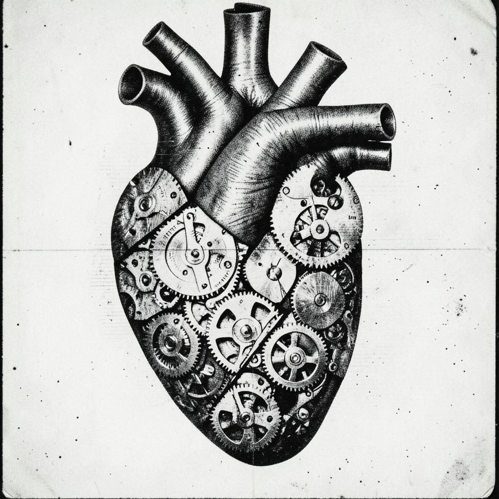 An anatomical heart constructed from overlapping photocopied mechanical watch pa