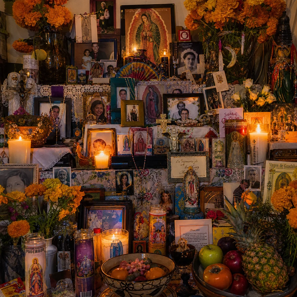 A devotional altar, photographed straight on

A home altar or roadside shrine — a stepped surface stacked with candles, 