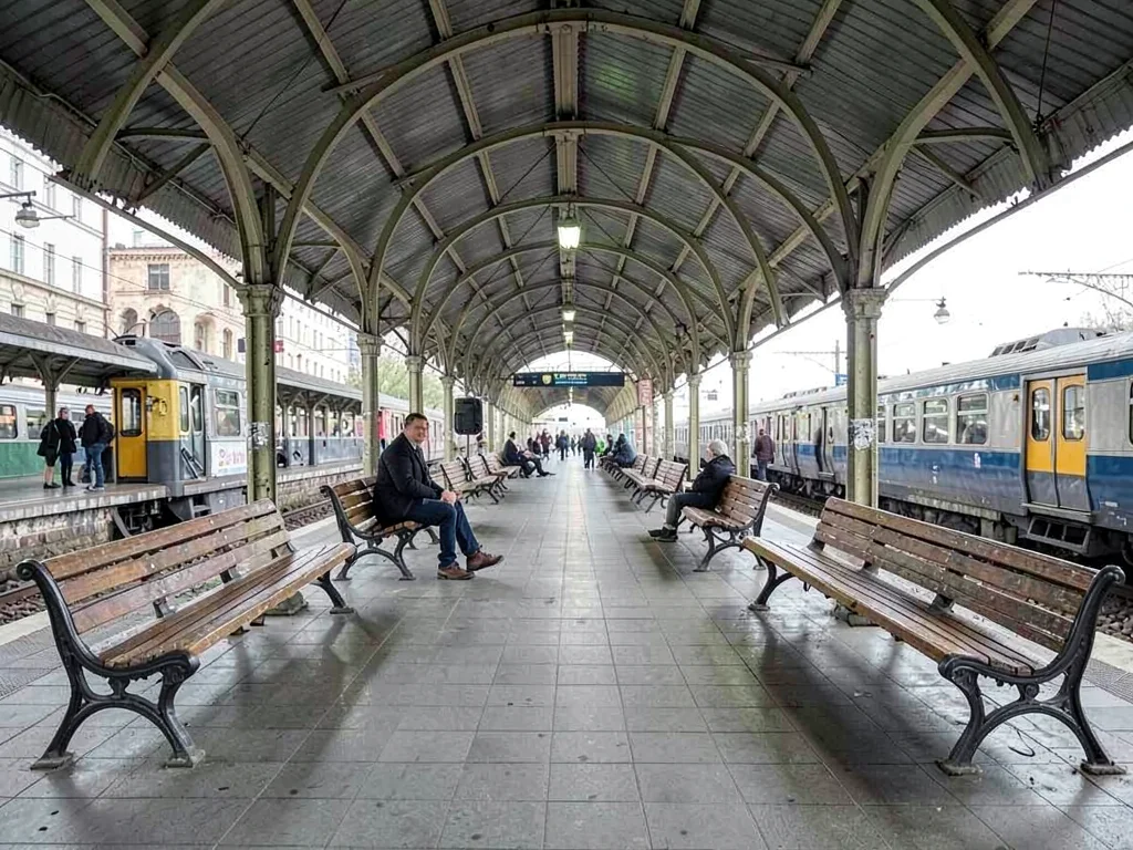 Person waiting at empty train platform, benches stretching both directions, the 