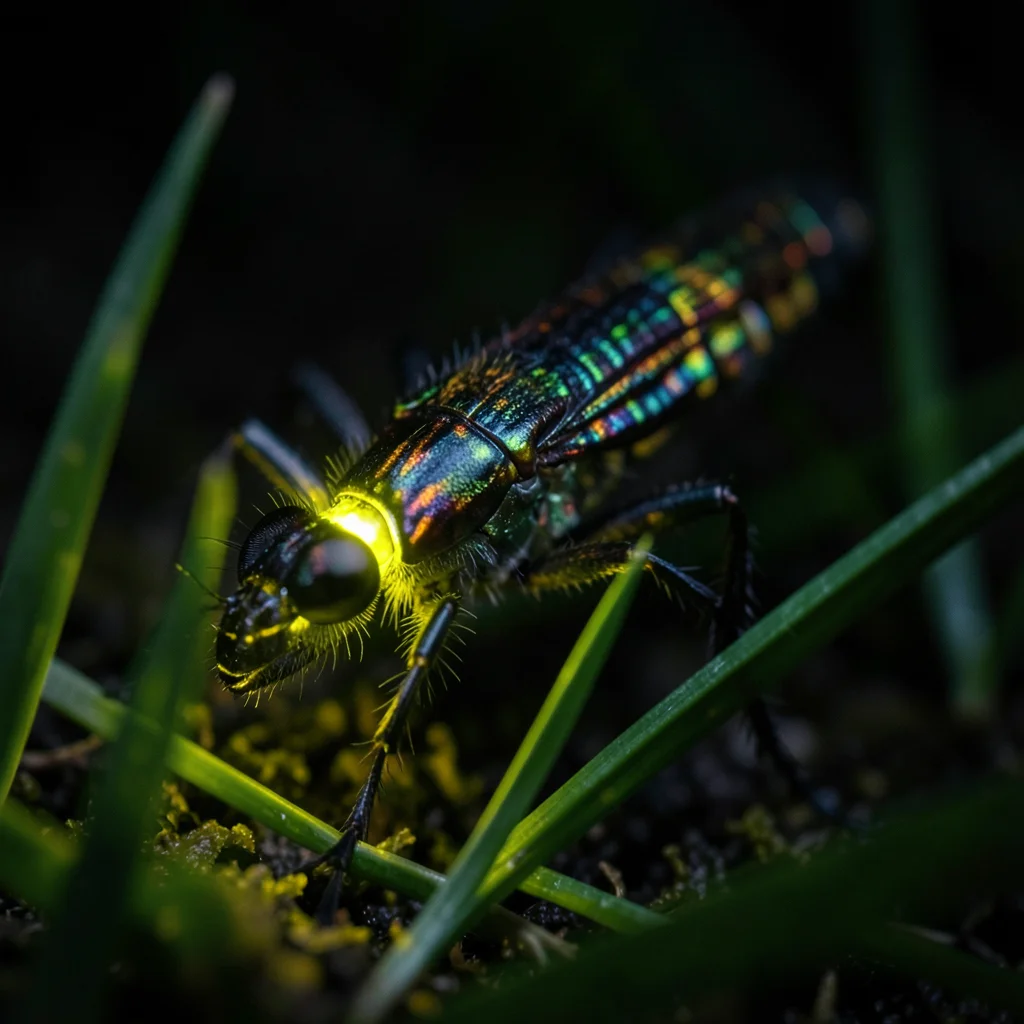 A firefly with its bioluminescent segment glowing yellow-green, on a dark summer