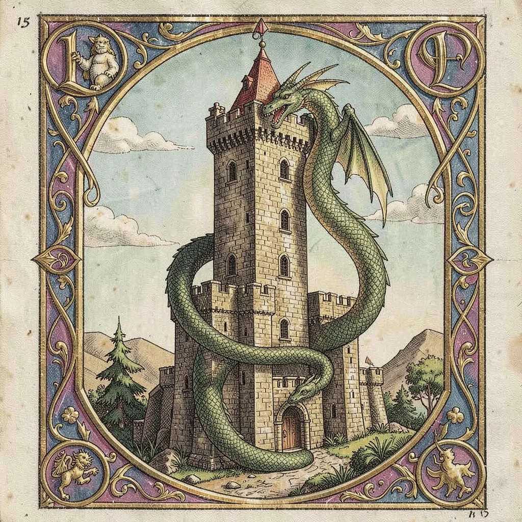A dragon coiled around a castle tower