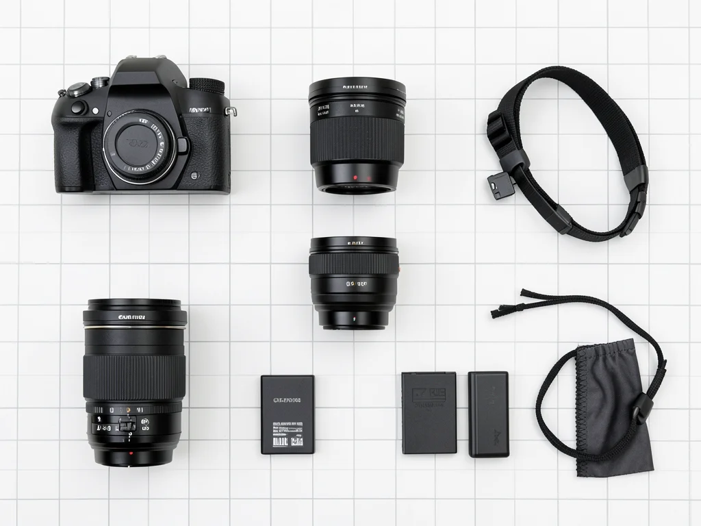 Camera gear: body, three lenses, two batteries, memory cards, lens cloth, strap,