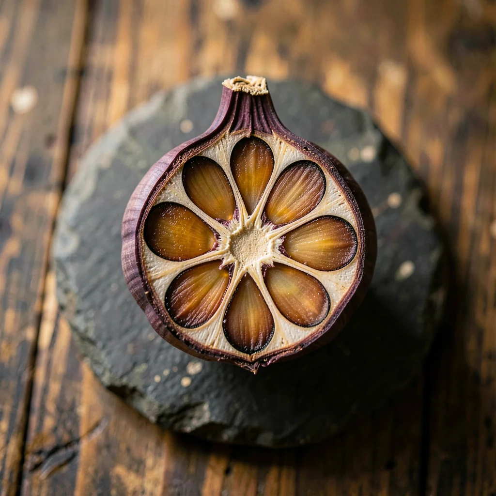 Black Garlic — Symmetric 90-Day Cross-Section on Stone