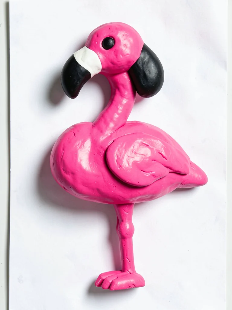 Graceful chunky clay flamingo in primary pink with stubby black squat beak and o