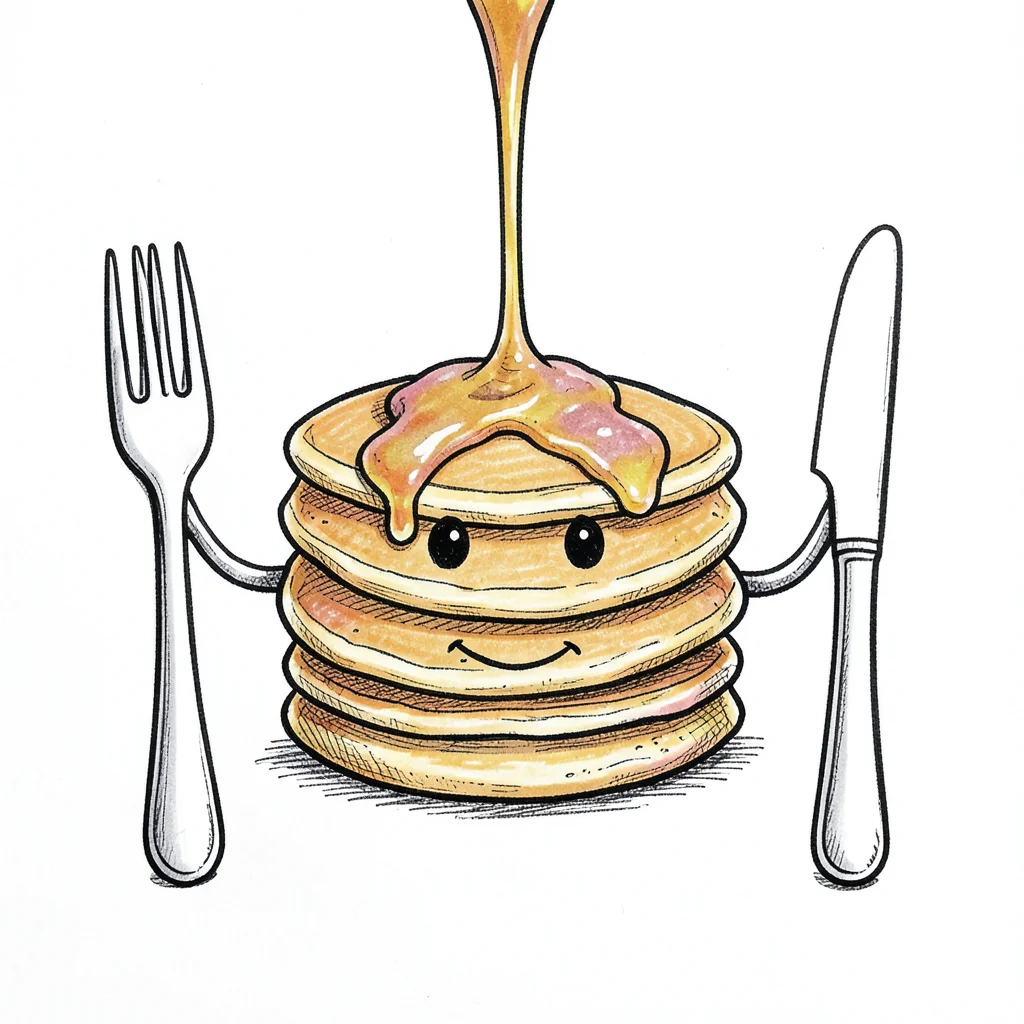 A stack of pancakes with a face, syrup pouring from above, a fork and knife on e