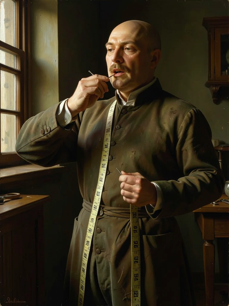 A tailor pinning fabric on a mannequin, pins in mouth, measuring tape draped, wi