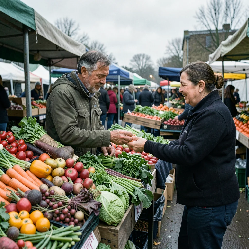 A farmer's market in overcast light, vegetables looking more real than beautiful