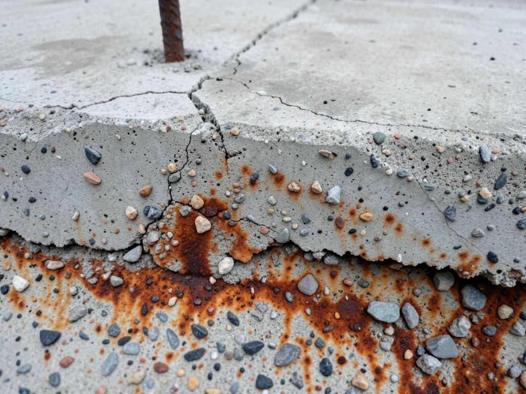 Concrete with embedded rebar shadow, rust staining bleeding through from reinfor