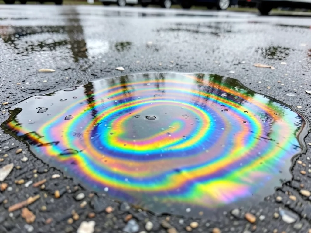 Oil puddle in rain-wet parking lot, swirling psychedelic rainbow interference pa