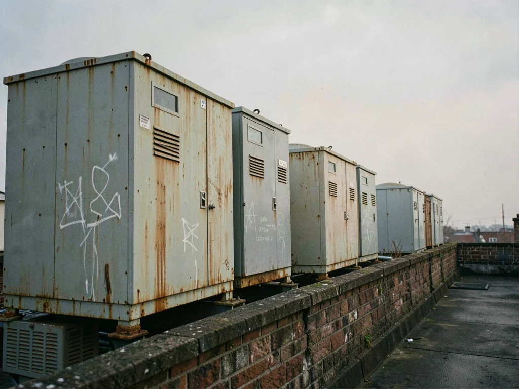 Industrial chiller boxes line a parapet edge under a flat hazy sky, their painte