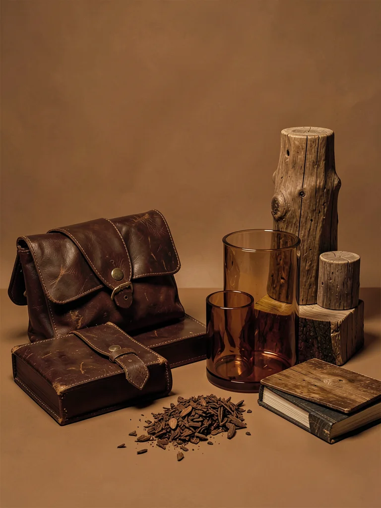 Cognac brown still life, leather goods, wooden objects, amber glass, warm coordi