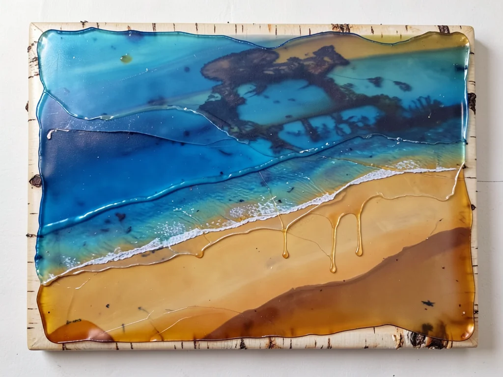 Encaustic wax layers in ocean blues, translucent depth, beach aerial abstraction