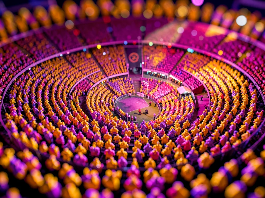 Stadium-roof tilt-shift photograph of an outdoor festival crowd, saturated magen