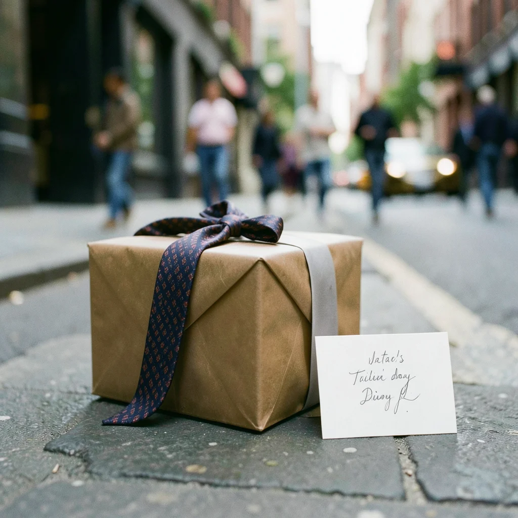 Wrapped gift box with necktie draped over it, father's day card beside
