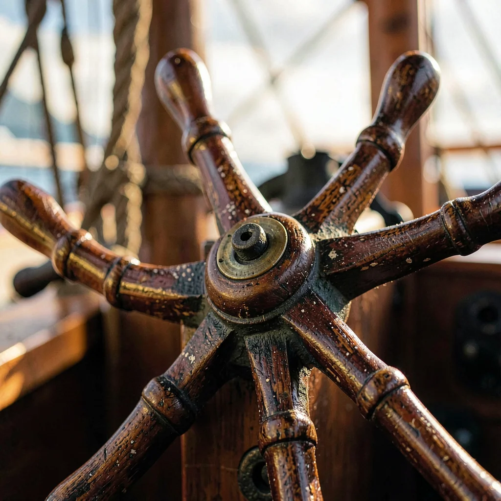 macro of an old ship's wheel handle with worn varnish