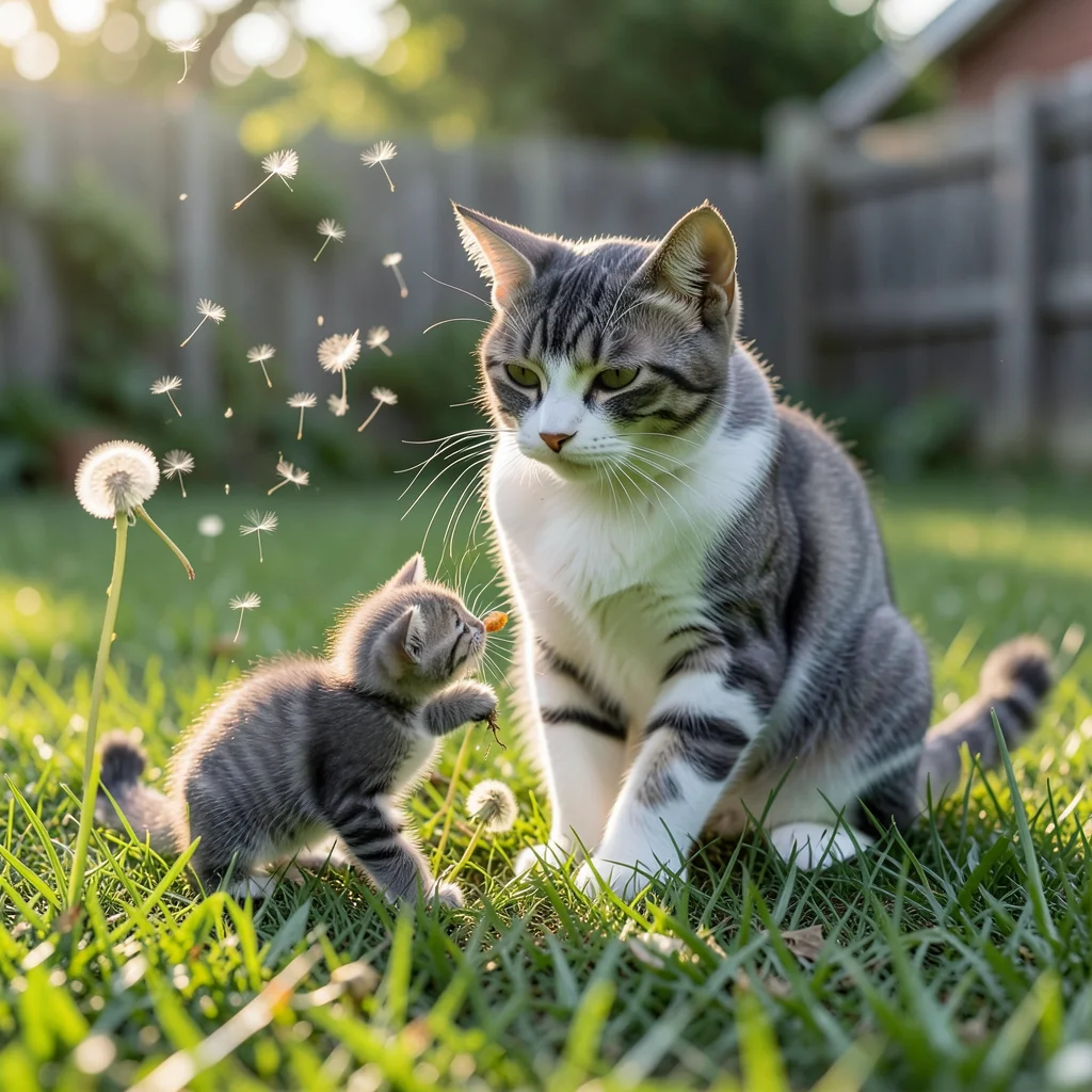 Kitten batting at dandelion puff, seeds floating, backyard grass