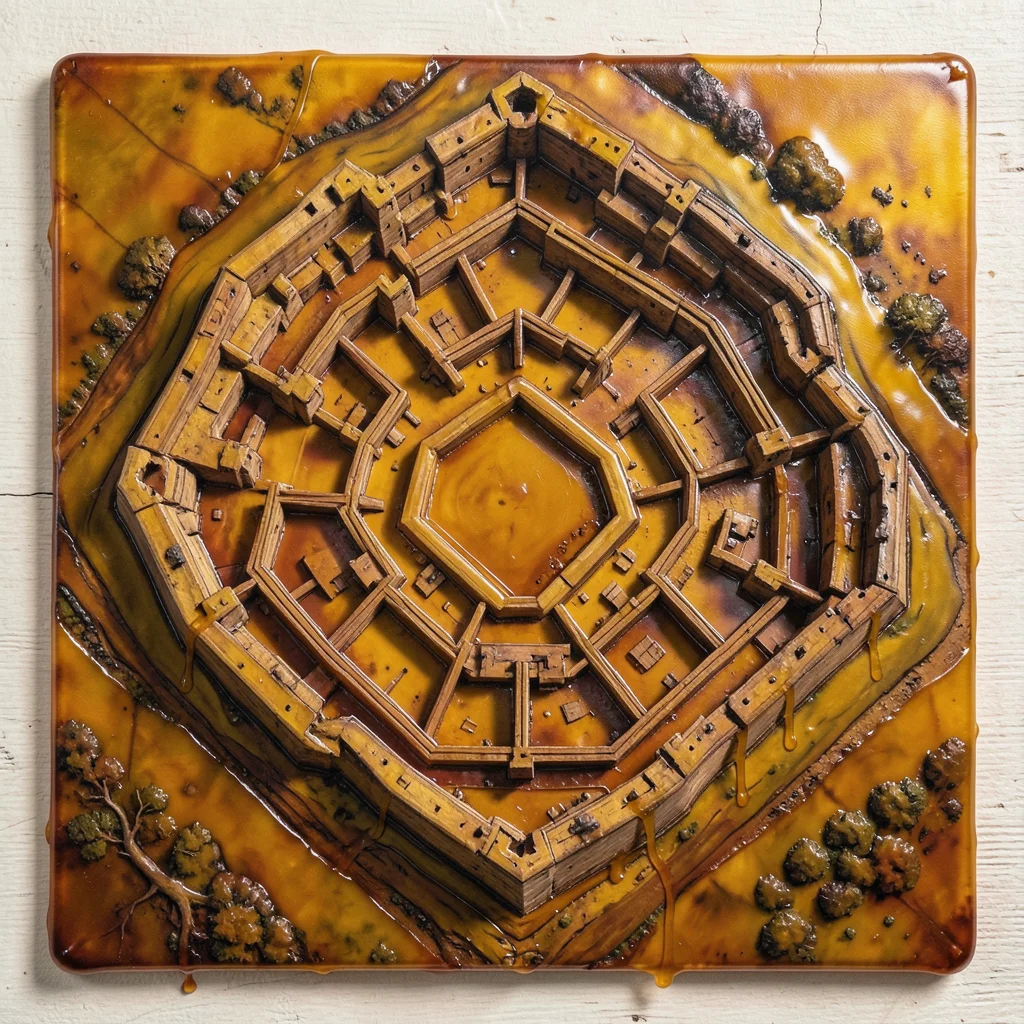An ancient fortress city seen from above with concentric defensive walls and nar