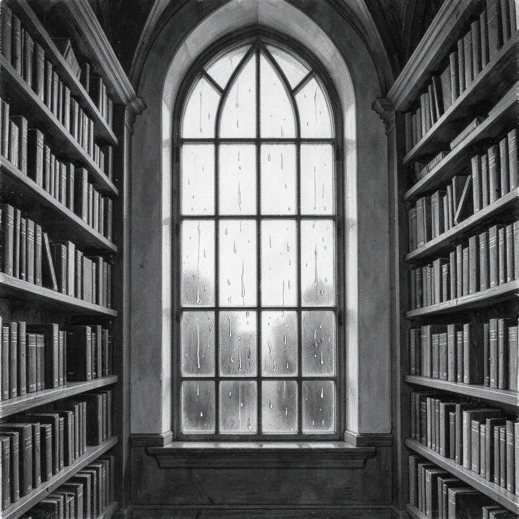 Vertical charcoal of a tall window in a library with rain on the glass