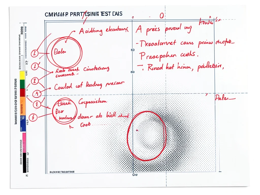 A press proof with handwritten notes in red pen marking color corrections and ci
