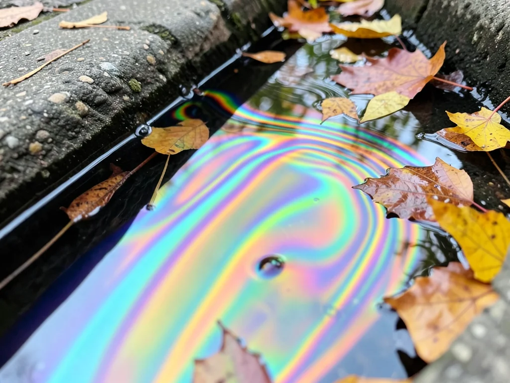 Gasoline film on standing water in a gutter, thin-film rainbow swirling between 
