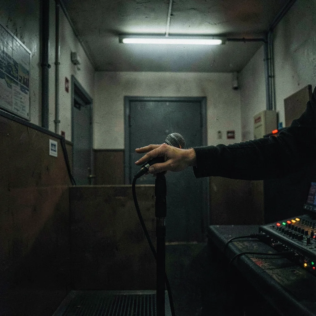 After-hours scene of a singer's hand reaching for a microphone in a dimly lit bo