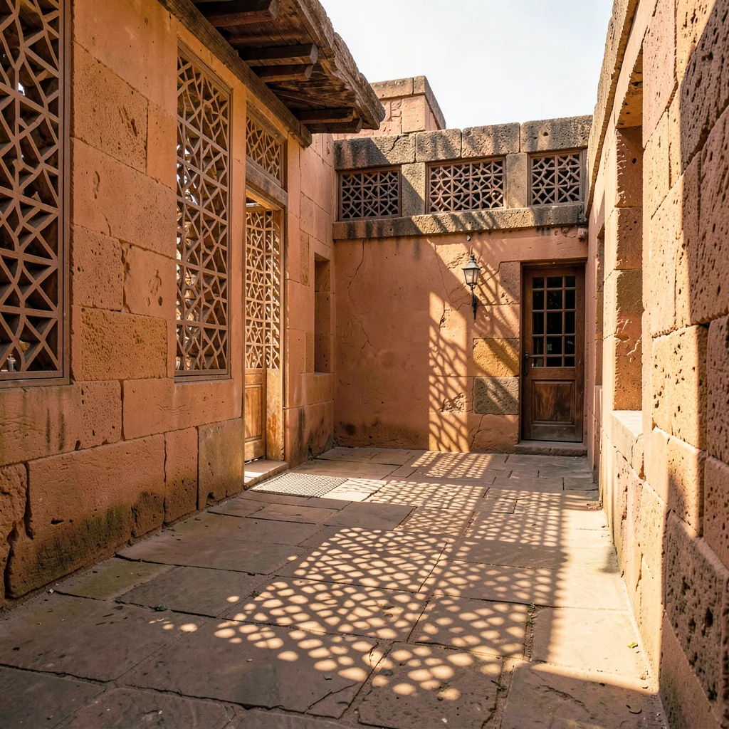 Afternoon sun through mashrabiya lattice in Lamu, Kenya, Prayer time, shadow pat
