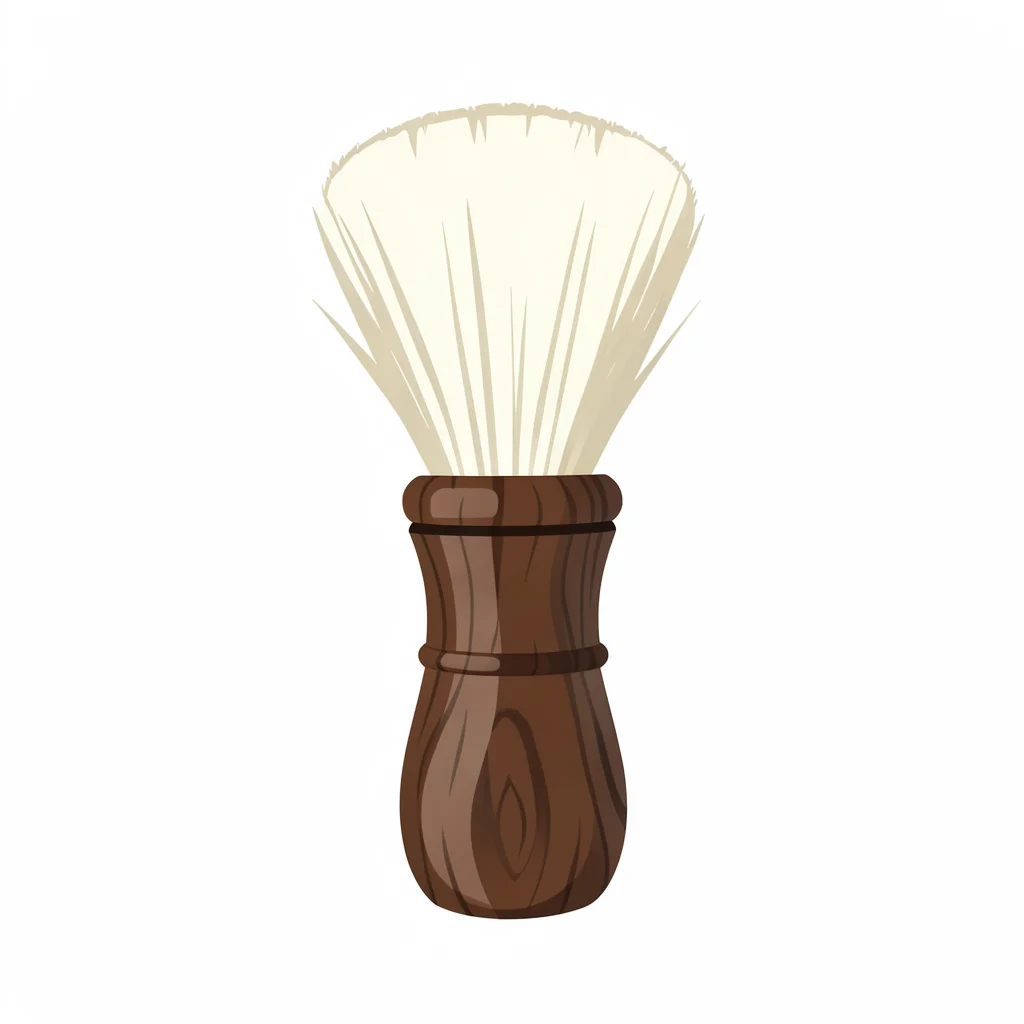 Block-color illustration of a shave brush silhouette in walnut and cream